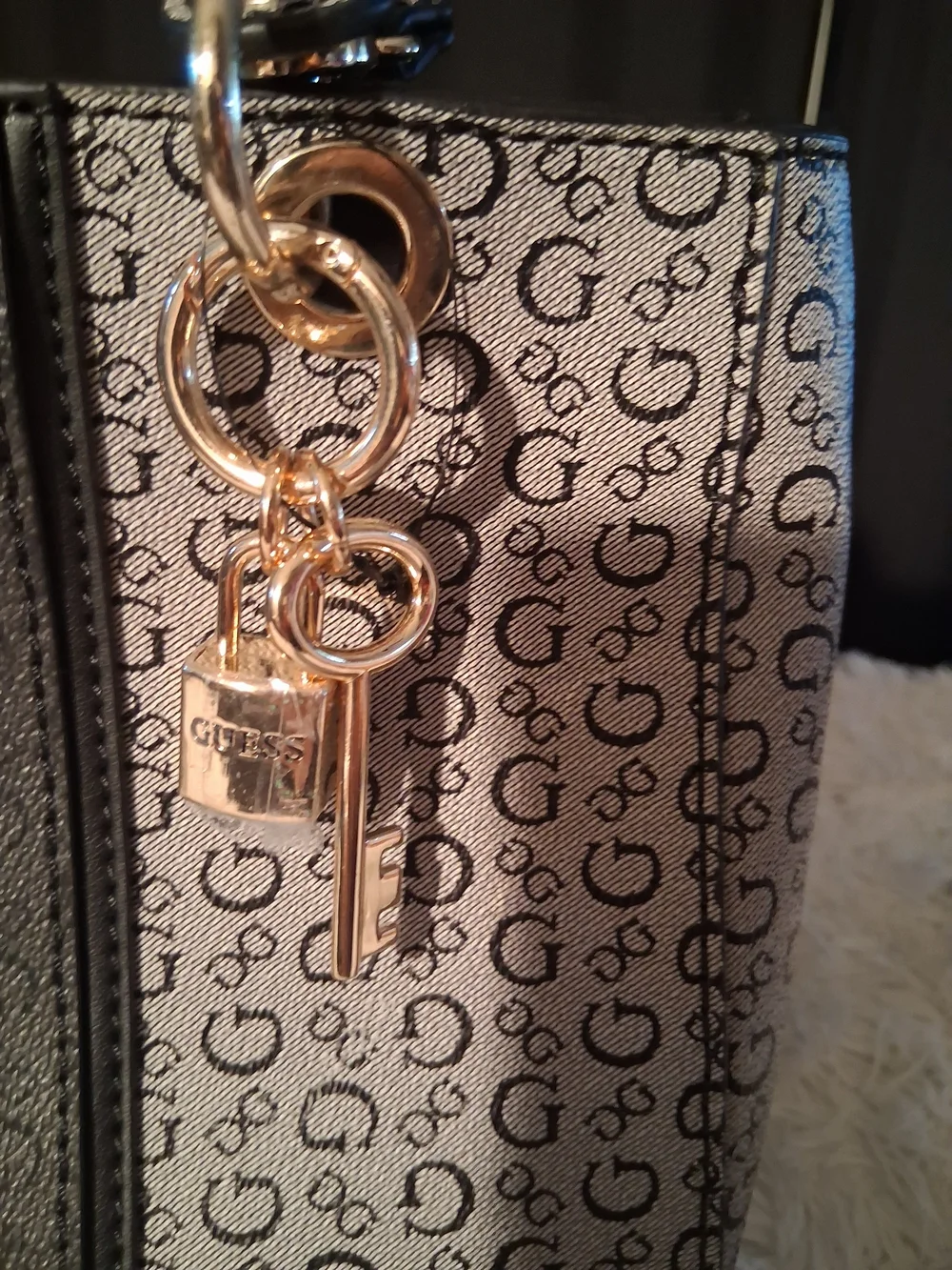 Guess Monogram Logo Satchel in Black and Gray with Gold Hardware